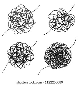 Set of complicated black line way. Chaotic texture.  Hand drawn tangle of tangled thread. Sketch spherical abstract scribble shape. Vector illustration isolated on white background