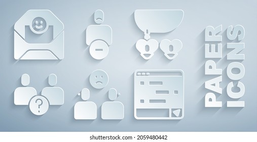 Set Complicated relationship, Necklace with heart shaped, Chat messages laptop, Loss of friend and Envelope Valentine icon. Vector