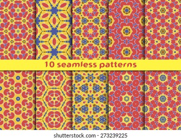 Set of complicated seamless patterns. Ten stylish ornaments with Swatch for filling.