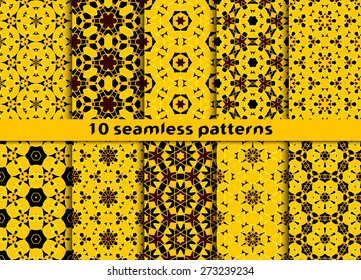 Set of complicated seamless patterns. Ten stylish ornaments with Swatch for filling.