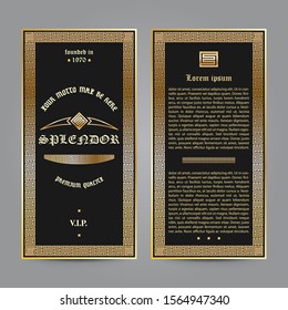 Set of complimentary ticket in Vintage or Retro style frame and label elements. For packaging, design of luxury product, perfume and wine. Vertical cover template with golden foil. Vector illustration