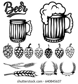 Set of components for beer labels design. Beer mugs, hops, wheat. Vector illustration