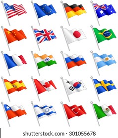 Conjunto compuesto por las banderas de 20 de los países más importantes del mundo, incluida la bandera de la Unión Europea.