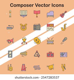 Conjunto de ícones de compositor representando a criação e composição musical perfeita para temas de música e arte.