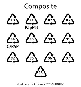 Set of Composite Recycling codes. Recycling symbol on an isolated background. Mobius strip.
Special icon for sorting and recycling. Secondary use. Vector illustration for Packaging.
