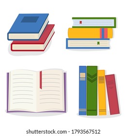 set composition of books that are standing, stack of books, open book, color vector illustration in flat style on a white background, clipart, design, decoration, icon, sign, sketch, banner, logo