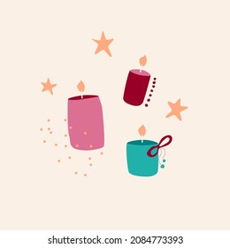 Conjunto de composición de velas y estrellas. Para fondo, postal, volante, portada de vacaciones.