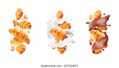 Composición de croissants con chocolate y relleno de leche. Ilustración vectorial.