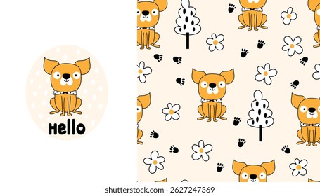 Set with composition of cute bulldog and seamless pattern for kids. Cute dogs with flowers and trees on a light yellow background in vector. Perfect for kids fabric, textile, wrapping paper.