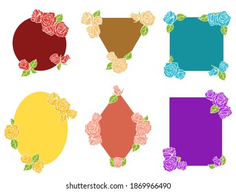 Set composition different forms with roses flower and leafs isolated on white background. Collection minimalistic modern vintage template for flame, border, banner. Vector illustration.