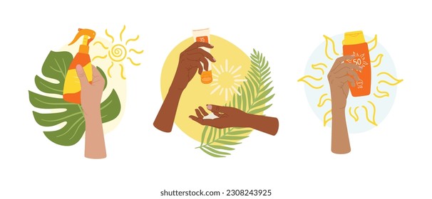 Die Zusammensetzung der weiblichen Hände hält Sonnencreme, Spray mit Sonne, Palm, Monstera-Blatt und abstrakte Form. SPF Schutz- und Sonnenschutzkonzept. handgezeichnete Vektorgrafik