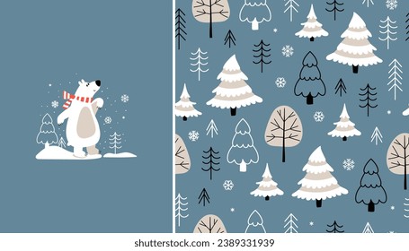 Set with composition of funny polar bear with a scarf and winter seamless pattern with trees. Vector illustration for children. Ideal for wrapping paper, winter greetings or web page background.