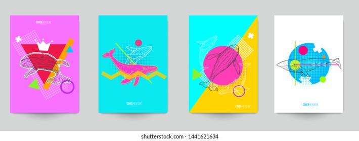 Set of composition with hand drawn humpback whale in fashion pop art style. Modern background for covers, invitations, posters, banners, flyers, placards. Creative design concept.