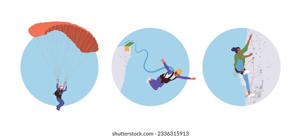 Set of composition icon with extreme sports people enjoying climbing, parachuting, bungee jumping
