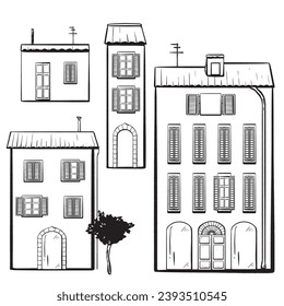 Set. Composition. ink vector. Italian. Exterior sketch a street. entryways, windows with shutters chimneys and an antenna. Trees. Perfect for brochures travel imagery real estate and agency promotions