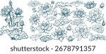 Set of Composition of Lotus Flowers and Floral Elements in Line Style