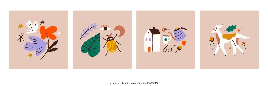 Set of composition with stylish minimalistic colorful illustrations. Perfect for social media posts, tattoo, cards and posters. All elements are isolated.