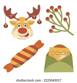 set of compositions for christmas deer with toys on the antlers candy congratulatory letter vector