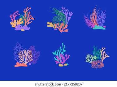 Set Of Compositions From Corals, Reefs And Algae. Can Be Used To Create Logos, Icons, Patterns. Ocean Life. Sea Bottom. Seabed Vector Illustration. 