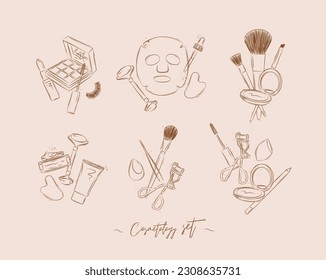 Set compositions of cosmetology tools lipstick, eyeshadows, mascara, facial massager, anti age mask, brush, powder, face and hand cream, tweezers, sponge, eyelash clip, pencil drawing on soft brown bg