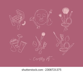 Set compositions of cosmetology tools lipstick, eyeshadows, mascara, facial massager, anti age mask, brush, powder, face and hand cream, tweezers, sponge, eyelash clip, pencil drawing on pink bg