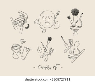 Set compositions of cosmetology tools lipstick, eyeshadows, mascara, facial massager, anti age mask, brush, powder, face and hand cream, tweezers, sponge, eyelash clip, pencil drawing on beige bg