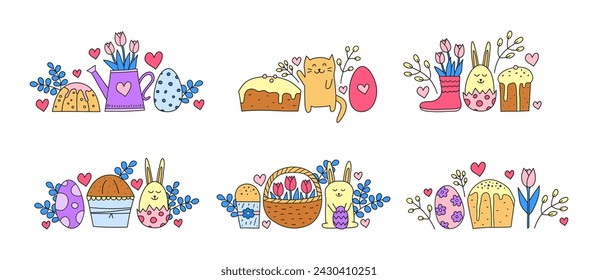 Set of compositions with doodle colorful Easter icons isolated on white background. Cute bunny, kulich cake, egg, tulips, leafy branches, pussy willow, cat, hearts.