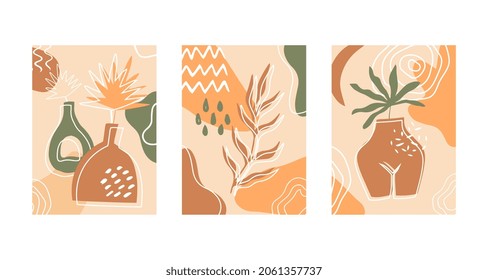 Set of compositions with exotic leaves and abstract vases. Trendy collage for design in an ecological style. Abstract Plant Art design for print, cover, wallpaper.