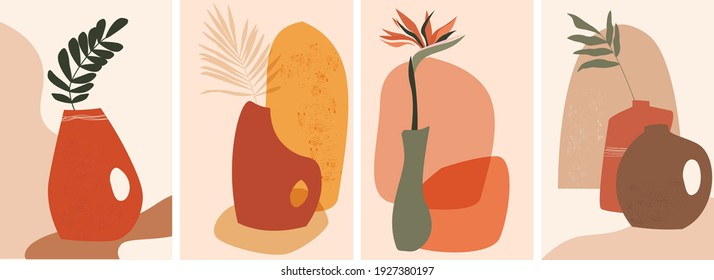 A set compositions with exotic palm leaves and abstract vases, strelitzia flowers. A trendy contemporary design collage in  ecological style. Minimalist shapes in pastel colors on light background.