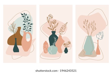 Set of compositions with exotic palm leaves and abstract vases. Trendy collage for design in an ecological style. Abstract Plant Art design for print, cover, wallpaper.