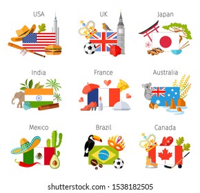 Set of compositions with flags of various countries. Travel symbols, attributes and souvenirs. Vector illustration on the theme of tourism. Template for travel agency.