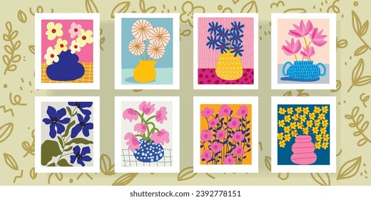 Set of compositions with floral,flowers and leaves abstract vector illustration. A trendy contemporary design collage in ecolagical style. Minimalish shapes in pastel color.