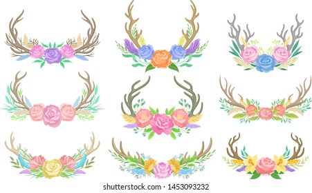Set of compositions of flowers and branches. Vector illustration on white background.