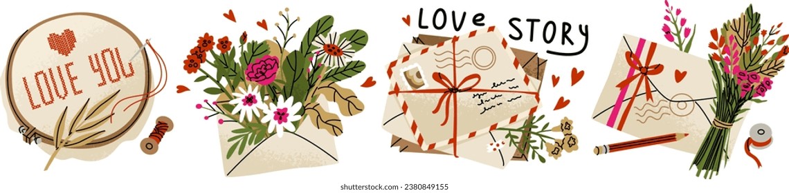 A set of compositions with flowers and letters for Valentine's Day. Handicraft, gift for a loved one. Vector illustration in cartoon style isolated on white background.