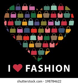 Set of compositions  in form of heart. Colorful silhouettes women's handbags.Proverb "I love faschion" Fashion illustration,vector