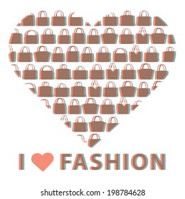 Set of compositions  in form of heart. Silhouettes women's handbags with 3D effect.Proverb "I love faschion" Fashion illustration,vector