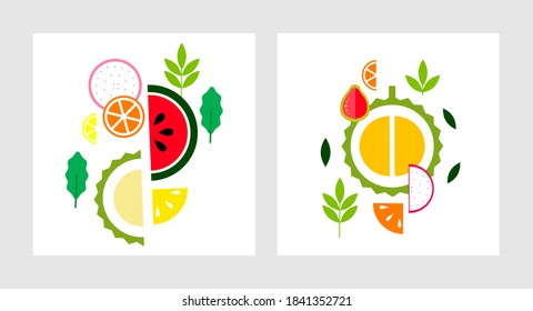 Set of compositions with fruit for design. Vector fruit isolated on a white background. Two square banners, flat illustration.