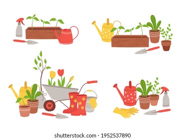 Set of compositions from garden tools. Concept of love for gardening, planting seedlings, yard care, farming as a hobby. Vector illustration in flat style isolated on white background.