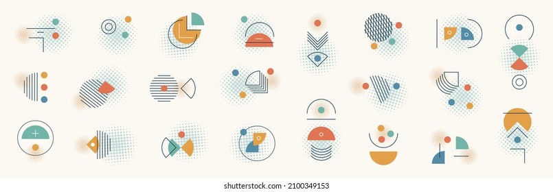 Conjunto de composiciones de formas geométricas. Líneas minimales modernas y elementos gráficos retro de semitono. Coloridas Figuras Resumen De Arte Pop. Ilustración del vector