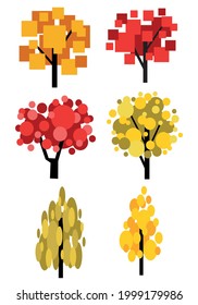 a set of compositions of geometric shapes on the theme of autumn. bright autumn trees in a minimalist style. harmonious color combinations. each object is on a separate layer. vector.