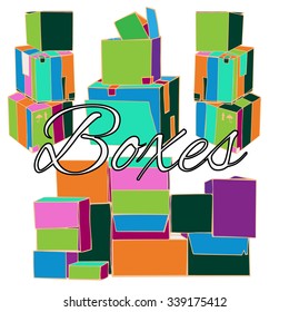 Set of compositions with hand drawn colorful stacks of boxes, packed for transportation. Different perspective. Vector illustration