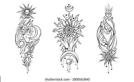 Set of compositions of hands, sun and moon in indian boho style