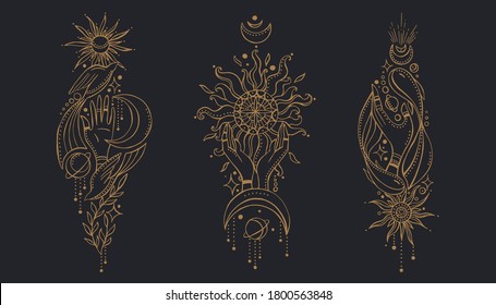 Set of compositions of hands, sun and moon in indian boho style