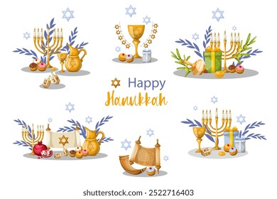 Set of compositions of the Israeli holiday Hanukkah. The illustration is drawn by hand. Handmade. Vector