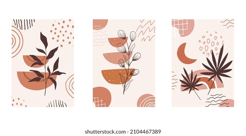 Set of compositions with leaves abstract and shapes, textures. Trendy collage for design in an ecological style. Abstract Plant Art design for print, cover, wallpaper.