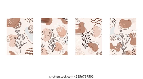 Set of compositions with leaves abstract and shapes, textures. Trendy collage for design in an ecological style. Abstract Plant Art design for print, cover, wallpaper.