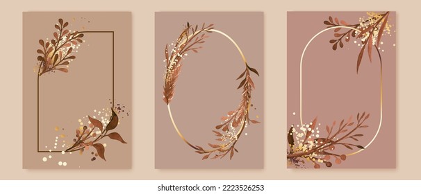 Set of compositions with leaves, plants and geometric frames. Golden, beige, pale color design elements. Chic festive gift card, wedding, invitation, holiday card design. 
