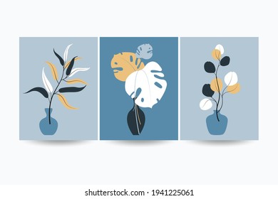Set of compositions with leaves. Trendy collage for design in an ecological style. Vector illustrations for postcard or brochure design. Flat.