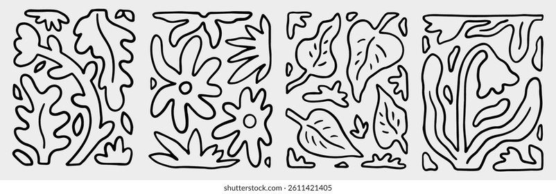 A set of compositions with linear natural elements. Organic, abstract patterns on a light gray background. Curved and irregular shapes resembling plant-like forms. Vector hand-drawn illustration.