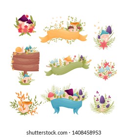 Set of compositions of mushrooms with flowers and leaves. Vector illustration on white background.